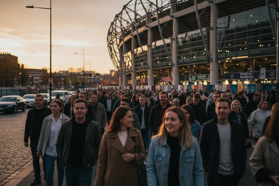 People walking to an evening event from a parked car