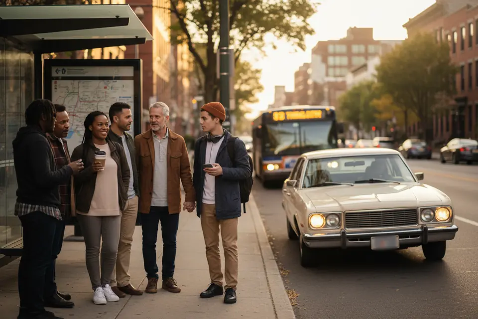 Commuters at a city curb as a car arrives