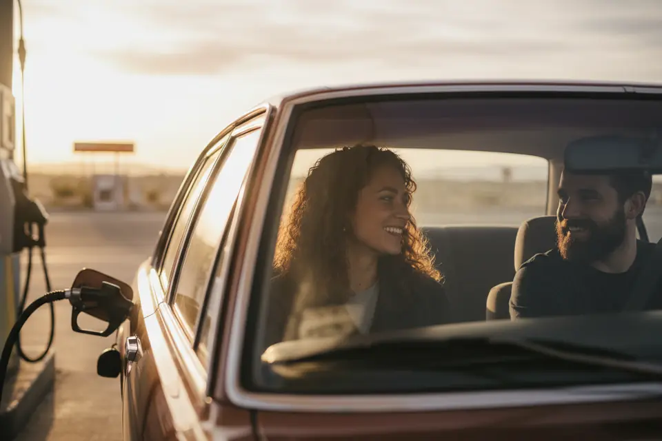 A driver and passenger at a fuel stop