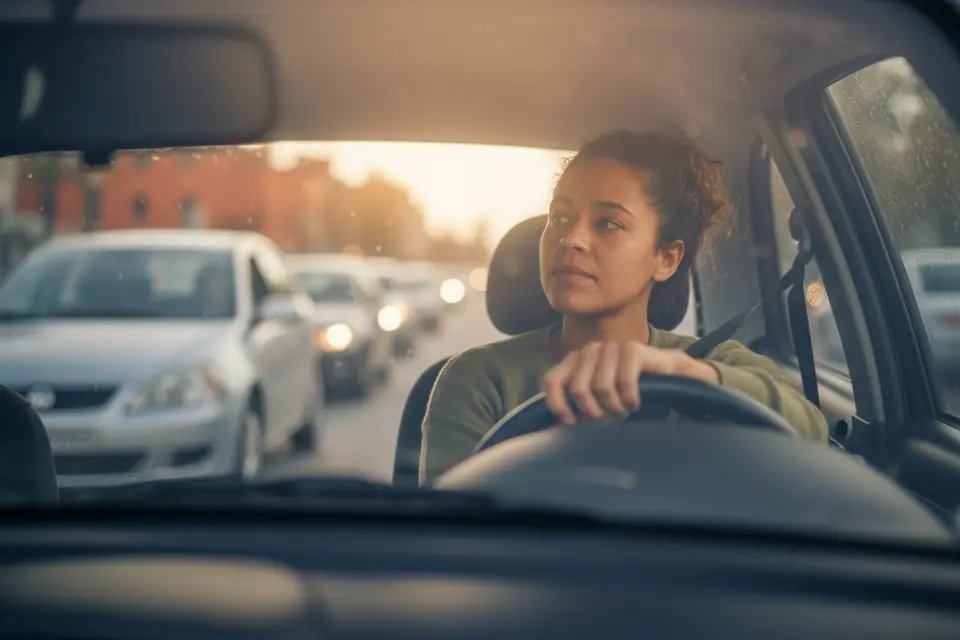 A solo driver in slow rush-hour traffic
