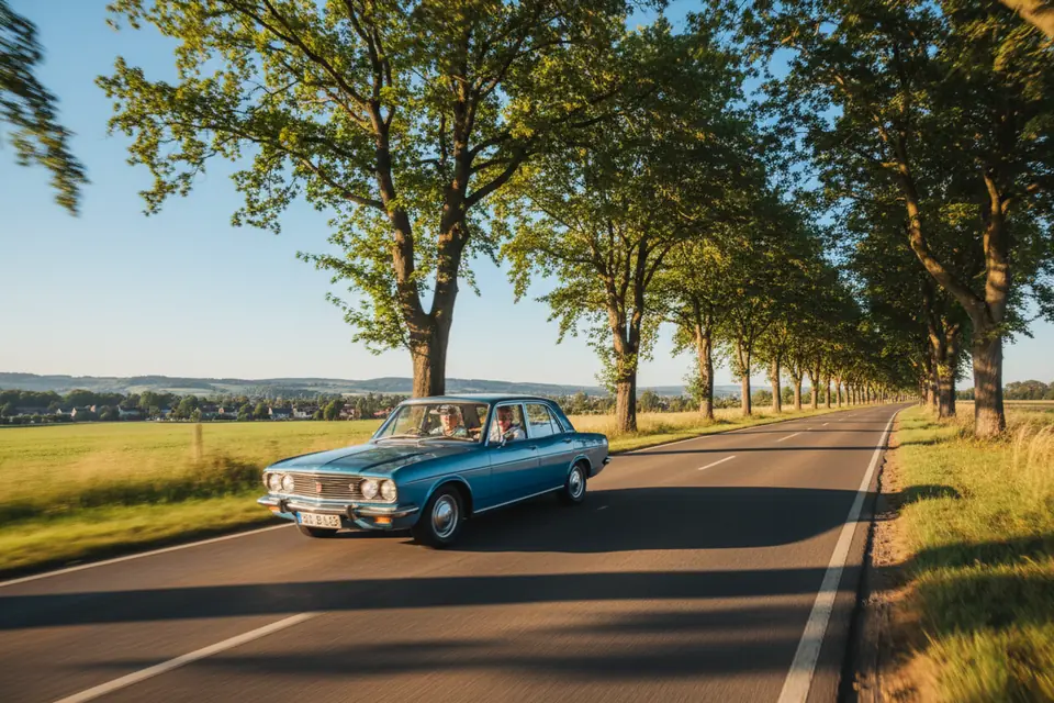 A single car on a tree-lined road under a clear sky