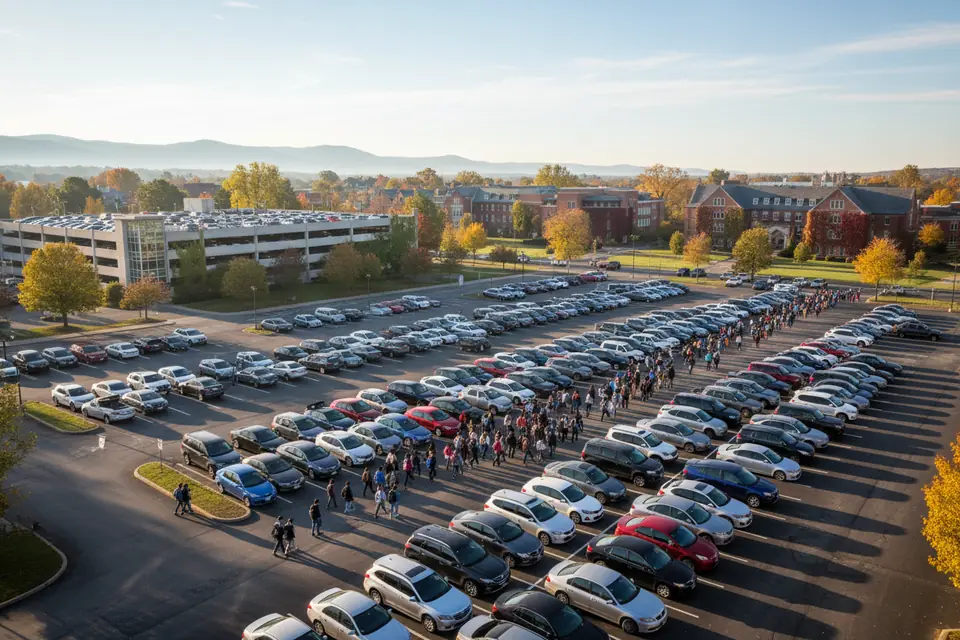 A busy campus parking lot in the morning