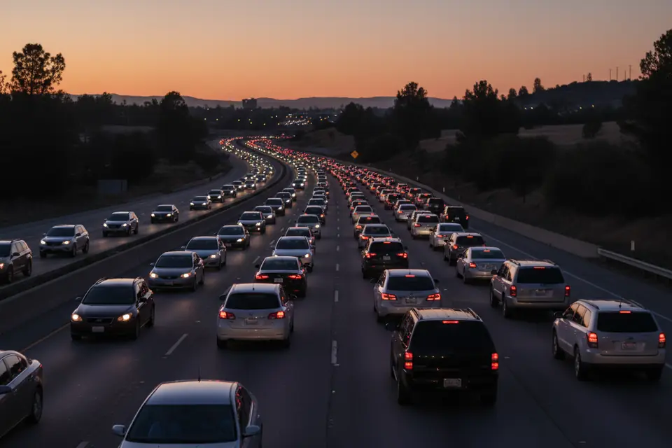 Cars lined up on a highway at dusk
