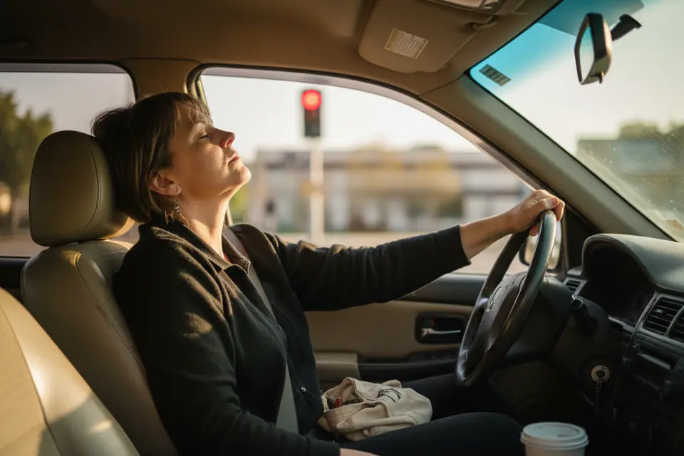 A driver alone in a car at a red light