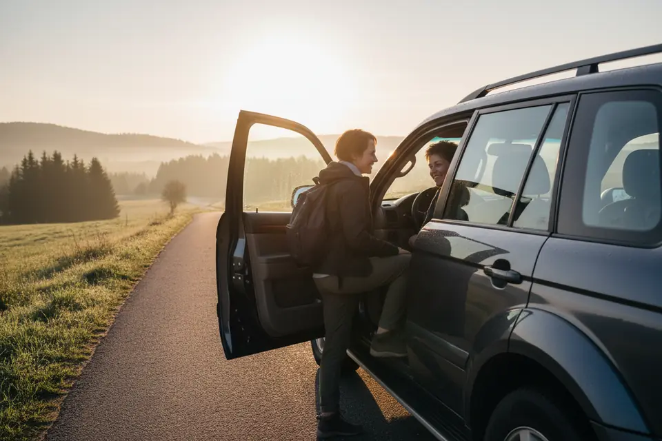 A passenger joining a driver for the morning commute