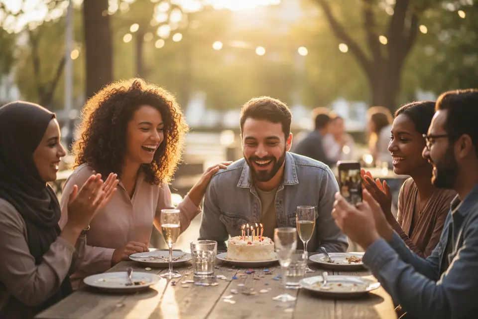 Friends celebrating a birthday together