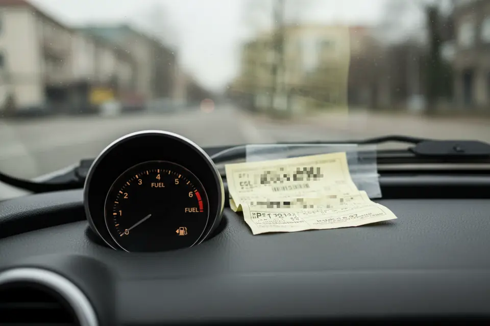 A car dashboard with a fuel gauge