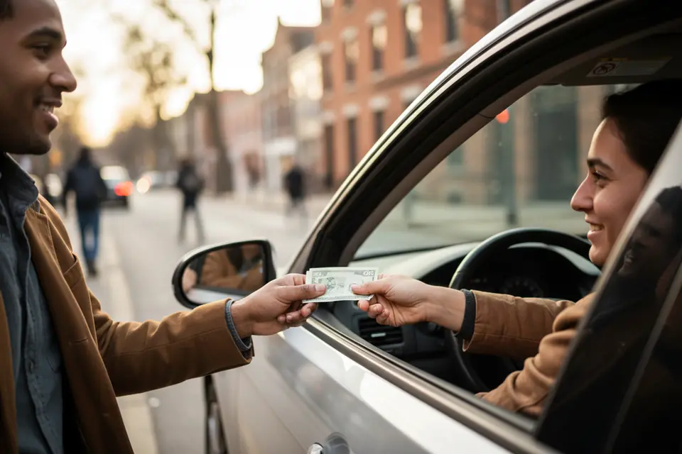 A passenger and driver exchanging a small payment