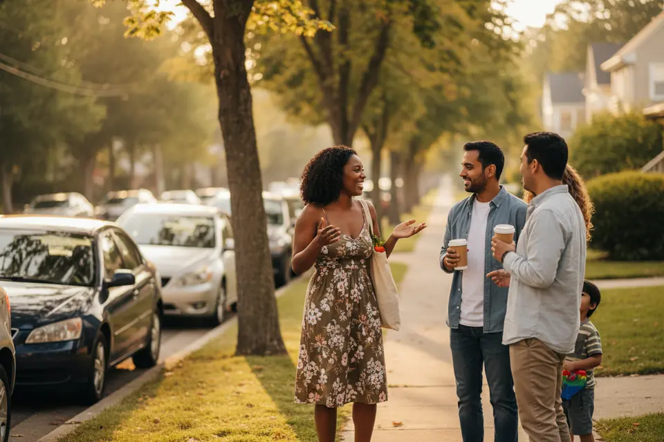 Neighbors talking on a quiet street in the morning