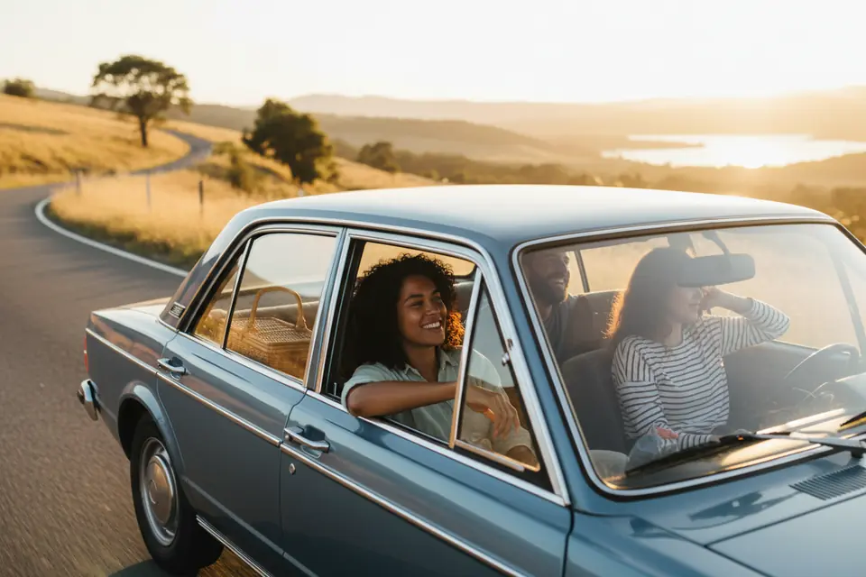 A car with several passengers on a quiet road