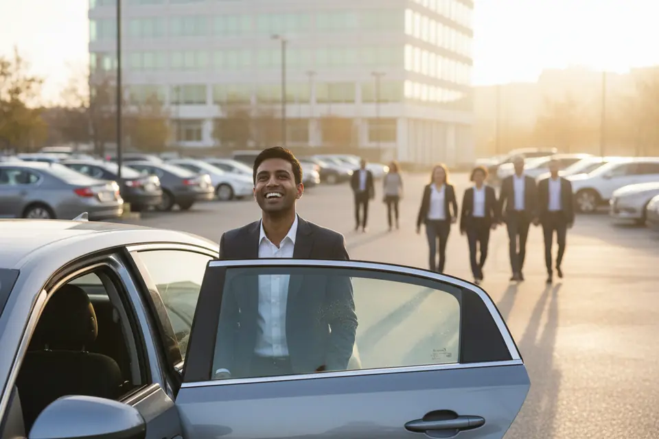A commuter arriving at work in the morning