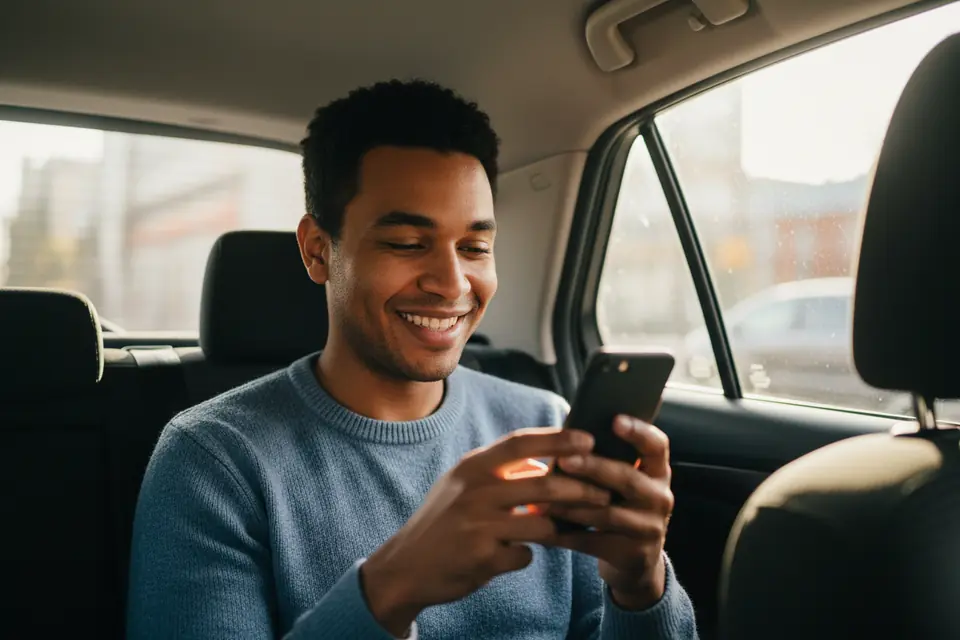 A passenger checking a phone in a car