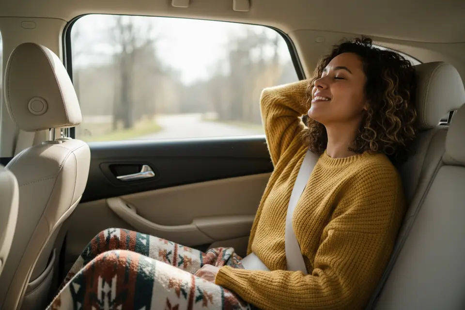 A buckled-in passenger in the back seat