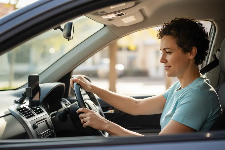 A phone on a car dashboard in a parked car