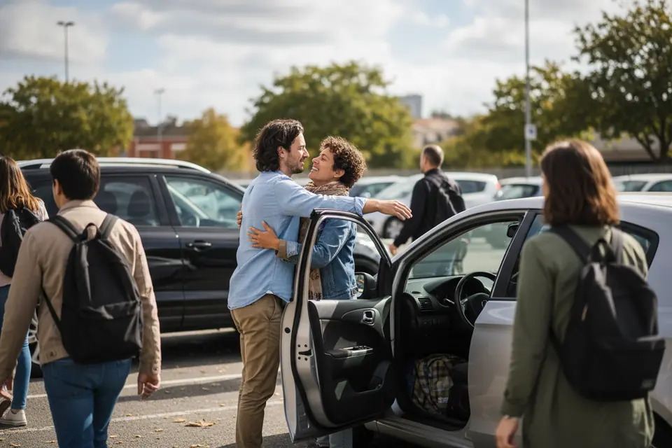 Two people greeting each other at a car in a public lot