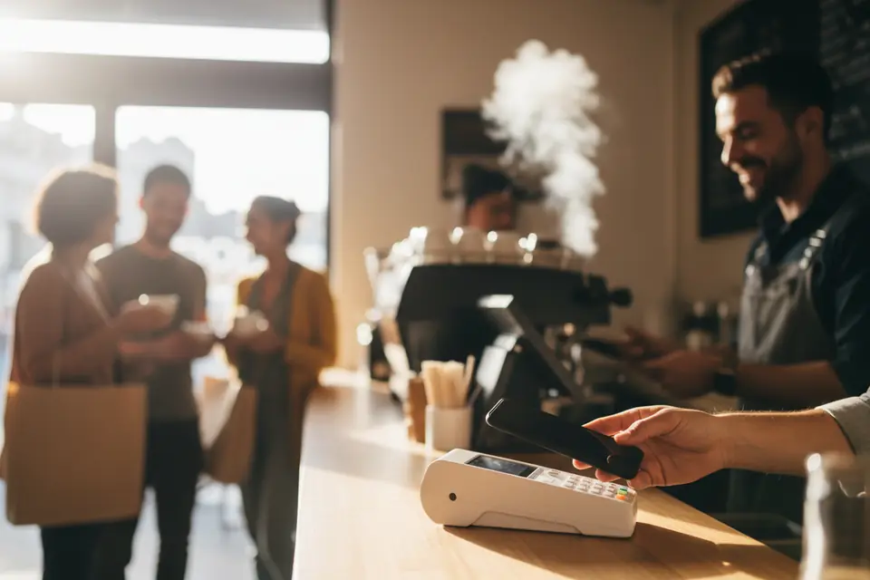A contactless payment at a cafe counter