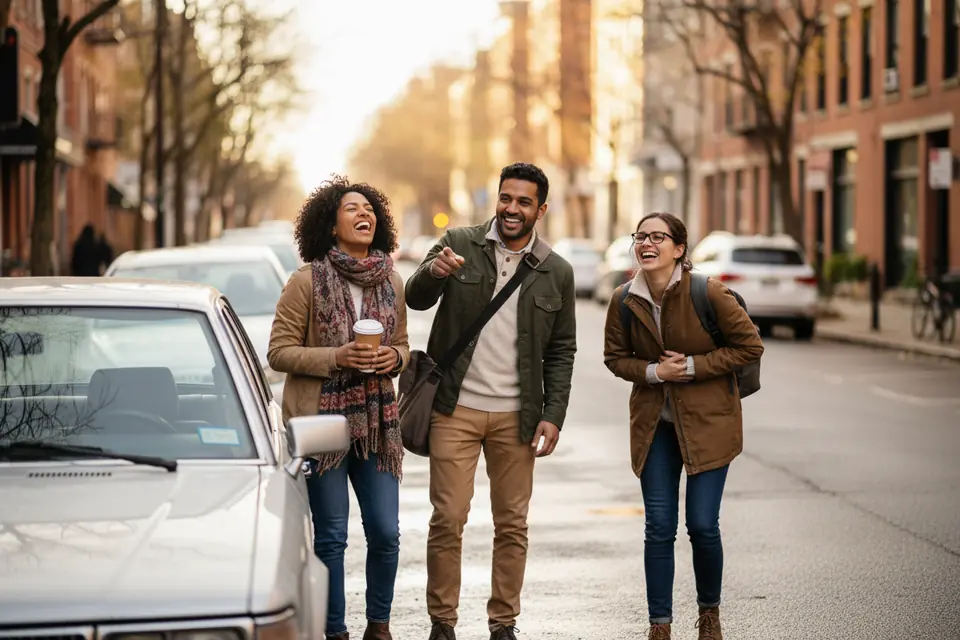 Three commuters walking to a car together