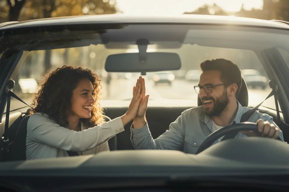 A passenger and driver sharing a friendly moment