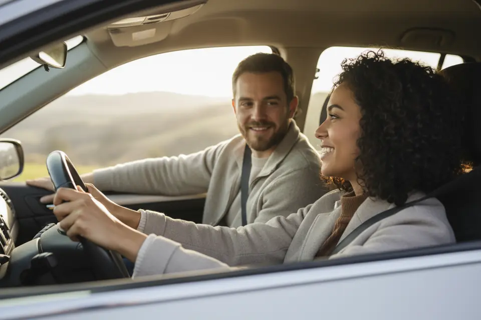 A driver and passenger sharing a friendly moment in a car