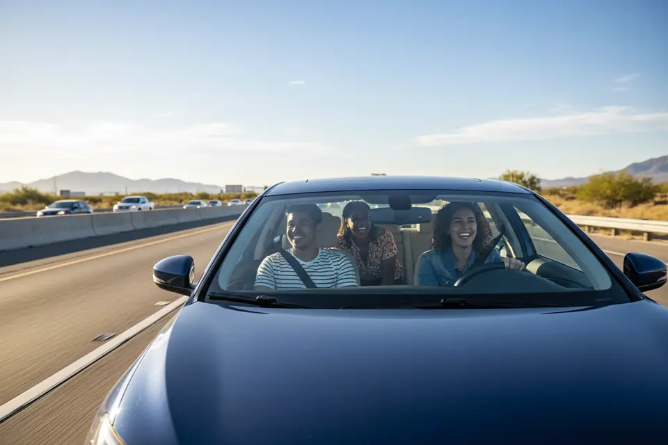 A car with several passengers moving smoothly on an open highway