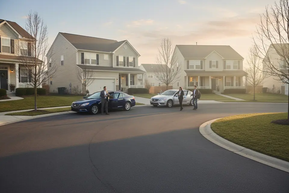Neighbors getting into cars at dawn