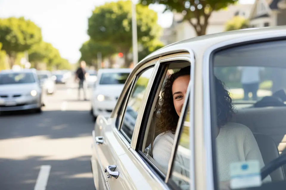 A car with a smiling passenger on a suburban road