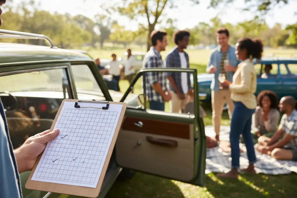 A hand holding a clipboard checklist next to a car
