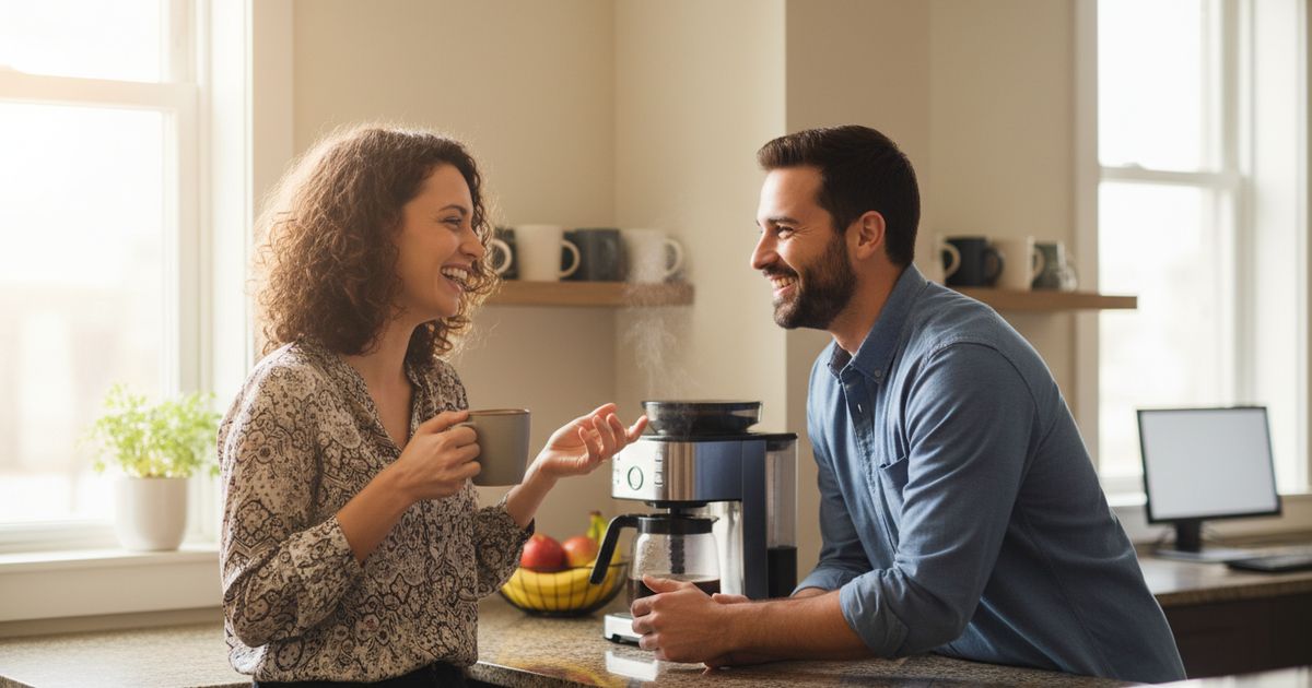 Two coworkers talking by a coffee machine