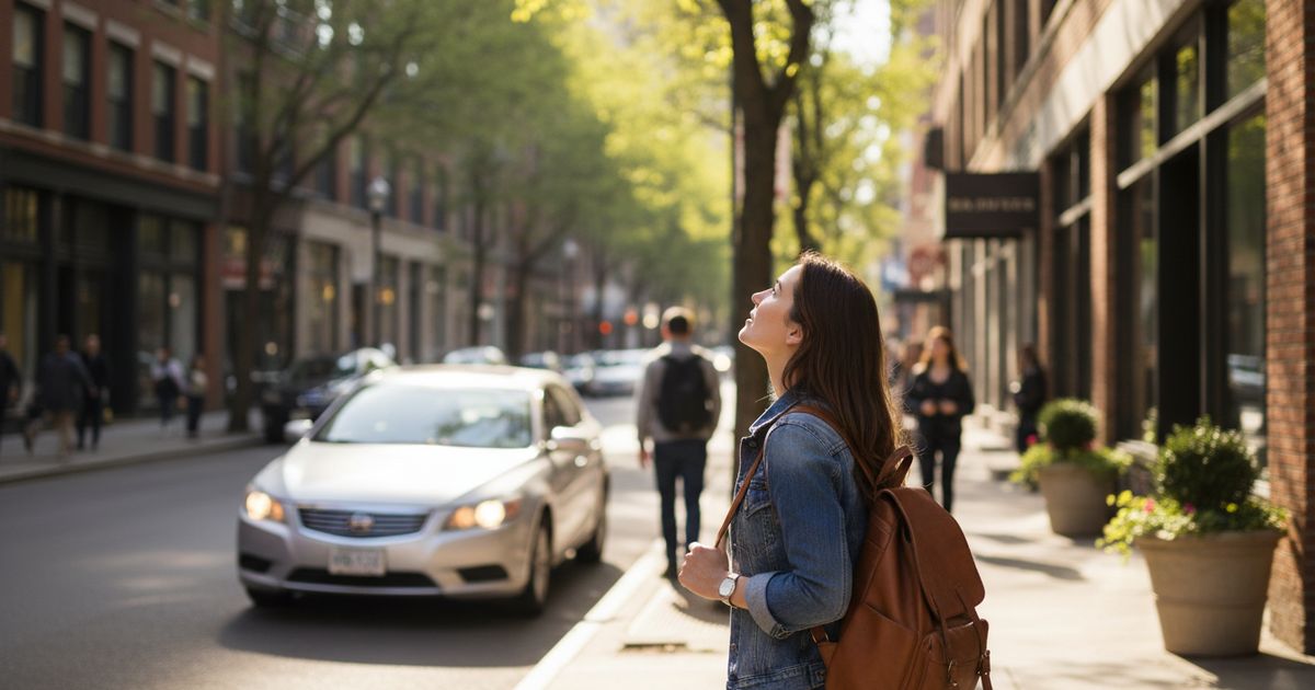 A passenger with a backpack waiting on the sidewalk as a car approaches