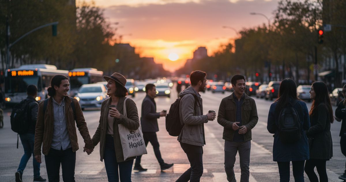 A busy city intersection at sunset