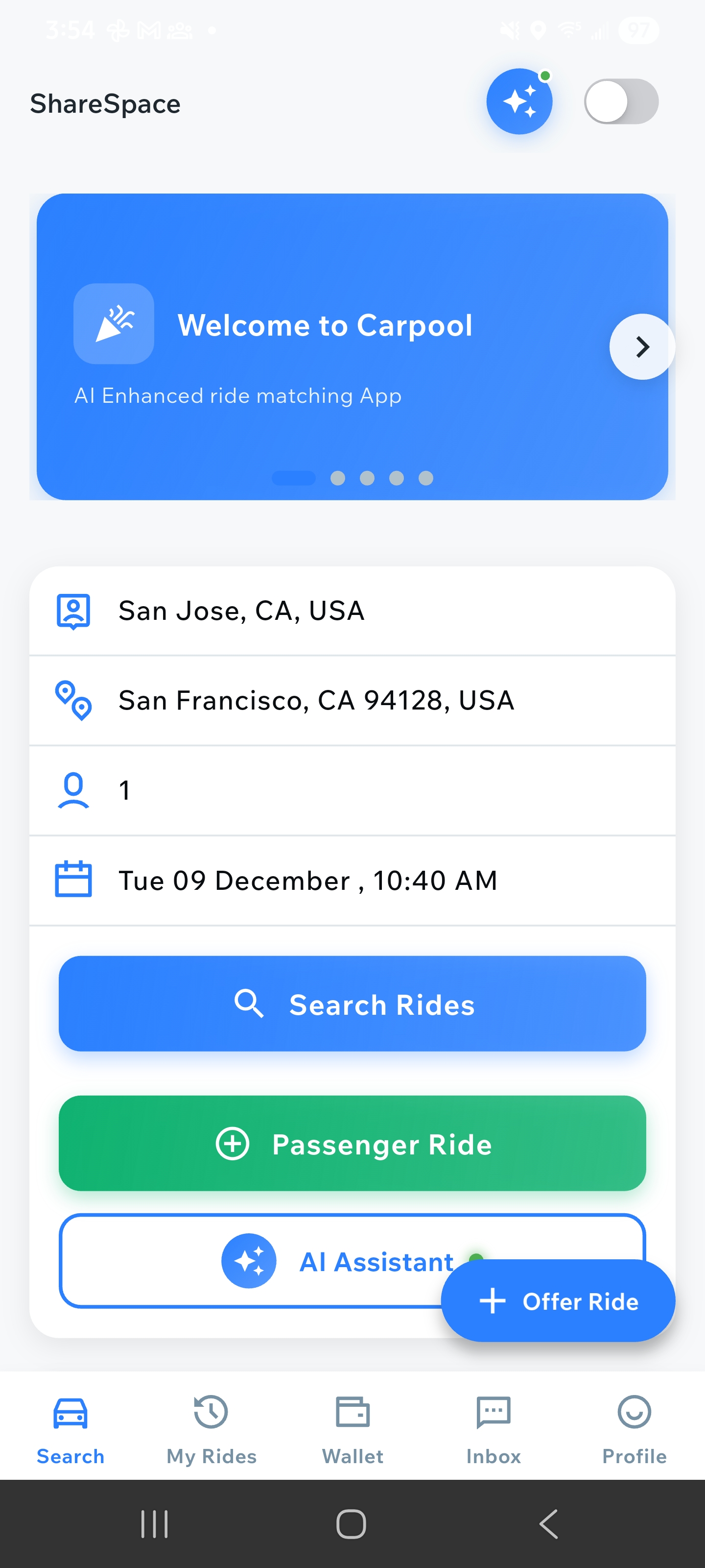 Main Screen with Search Rides