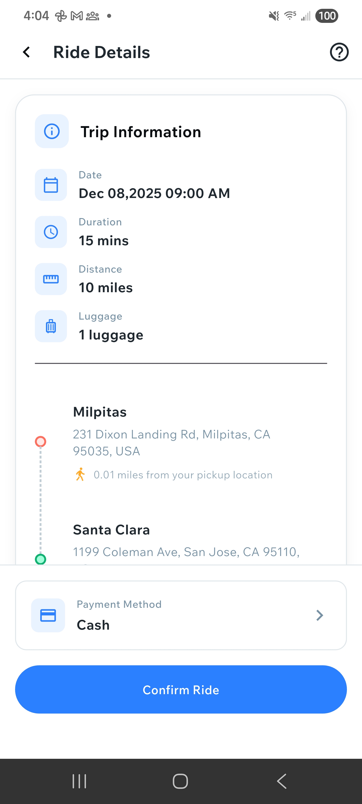 Ride Details and Request