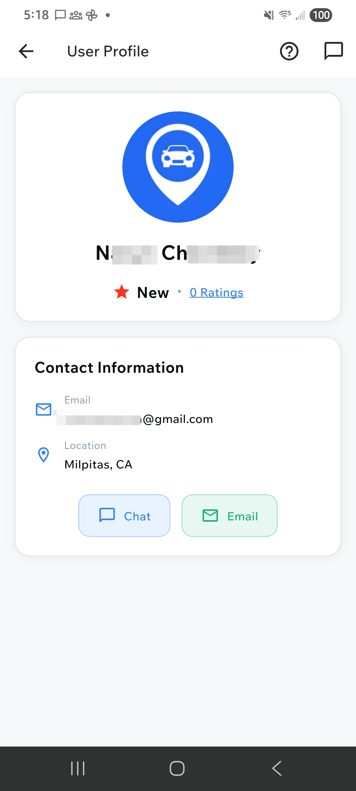 User Profile with Chat/Email Options