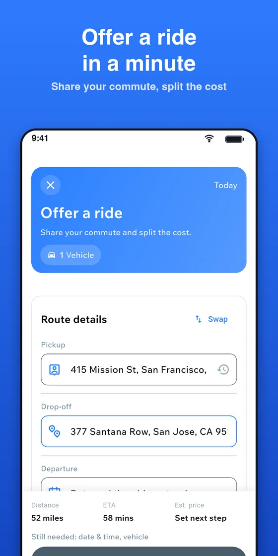 Offer a ride in a minute - ShareSpace Carpool app screenshot