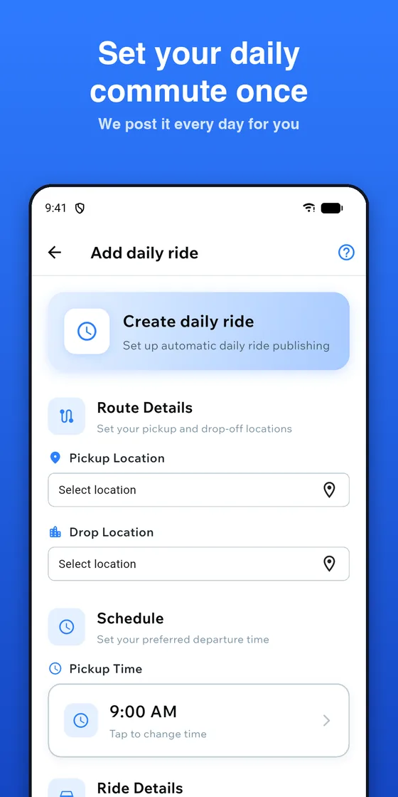 Set your daily commute once - ShareSpace Carpool app screenshot