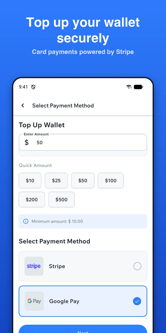Top up your wallet securely - ShareSpace Carpool app screenshot