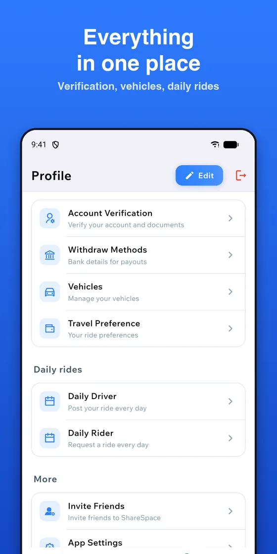 Everything in one place - ShareSpace Carpool app screenshot